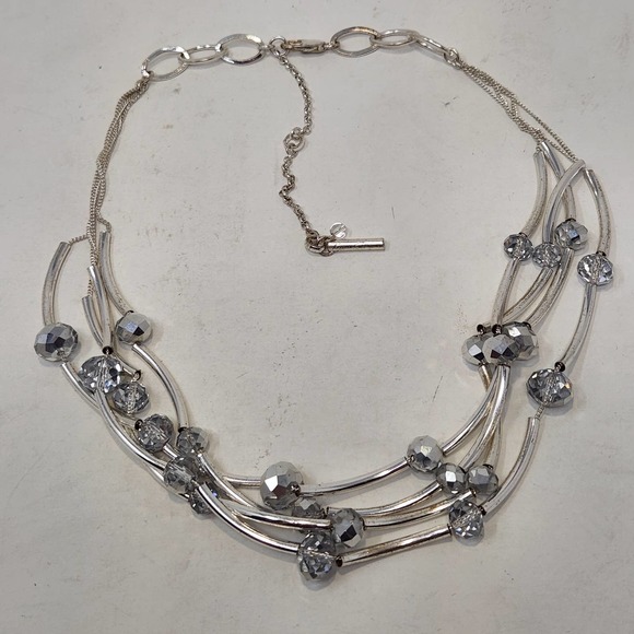 Kenneth Cole New York Silver Tone Multi Chain Necklace Tube Beads Rhinestones - Picture 3 of 7